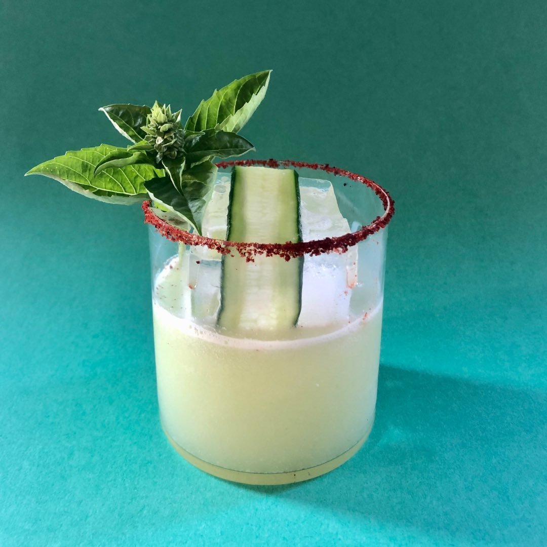 Cucumber basil cocktail with chili-salt rim